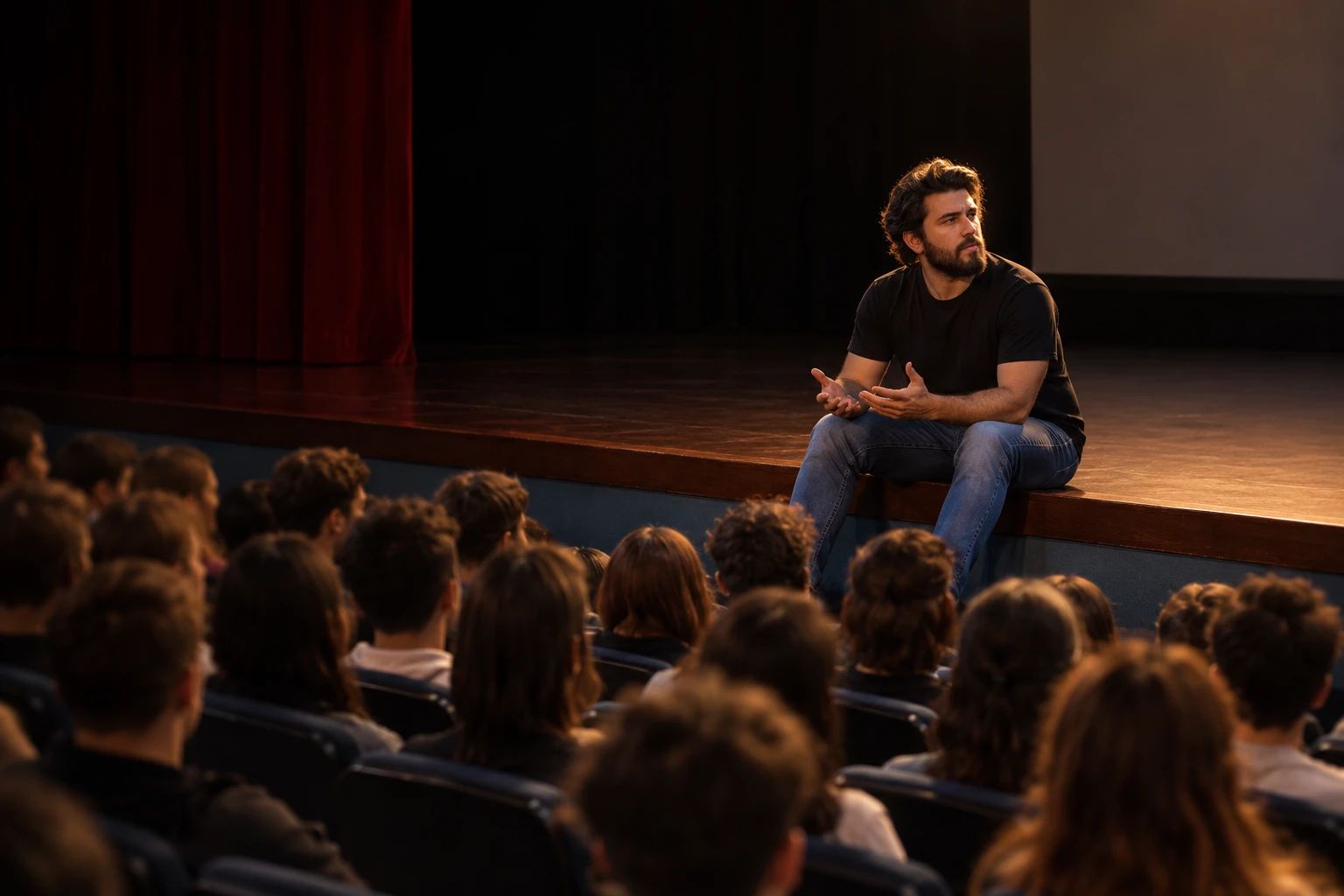 Alex Robleno sitting on the edge of a stage, talking with an audience